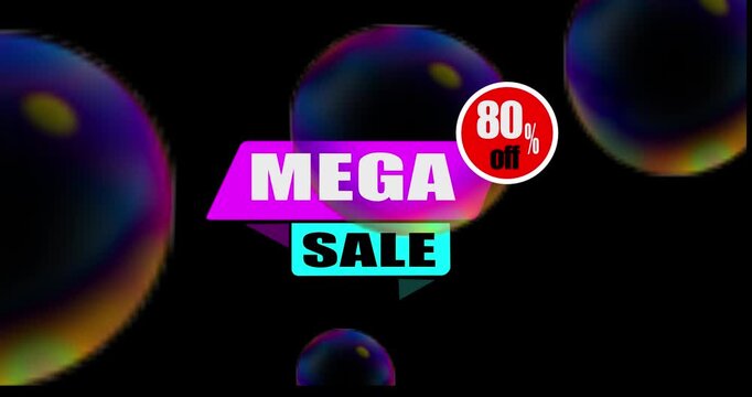 Dynamic motion graphic for mega sale announcement with up to 80% off discount. On a black background motion text 4k video with alpha channel animation