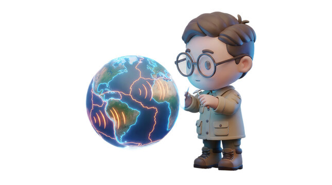 Cartoon scientist examining a glowing earth with detailed tectonic plate lines