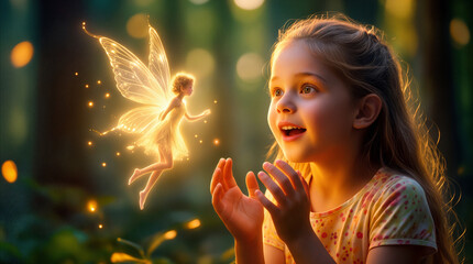 Obraz premium Enchanted preteen girl looking at glowing magical fairy in forest. Child experiencing wonder and amazement during fantasy encounter in woods.