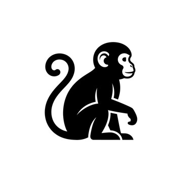 Monkey icon showing black silhouette of sitting primate for zoo animal branding and jungle wildlife creative design projects or tropical habitat study graphics.