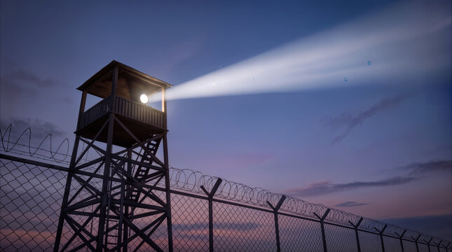 Security watchtower with bright searchlight beam scanning perimeter at dusk. Prison fence with barbed wire under twilight sky.