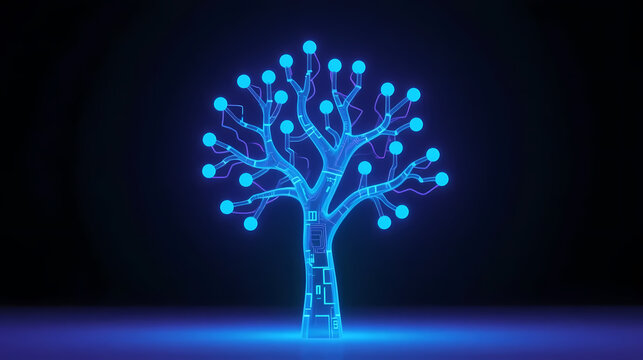 Glowing blue tech tree in dark space