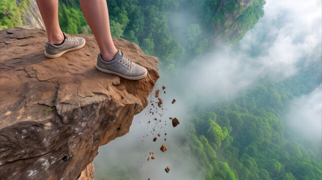 Traveler standing on crumbling cliff edge overlooking misty valley. Person facing danger at mountain precipice with falling rocks and stones.
