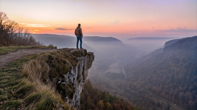 Hiker standing on cliff edge overlooking misty valley at sunset. Man enjoying panoramic mountain view during golden hour.