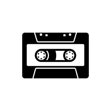 Vintage analog cassette tape icon representing retro music culture and eighties nostalgic technology for audio recording or musical studio branding materials.