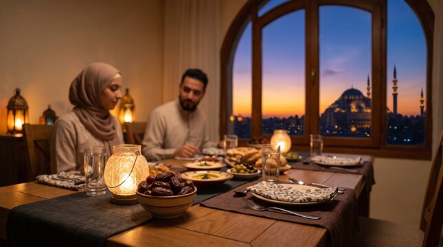 Muslim couple having iftar dinner at home with mosque view at sunset