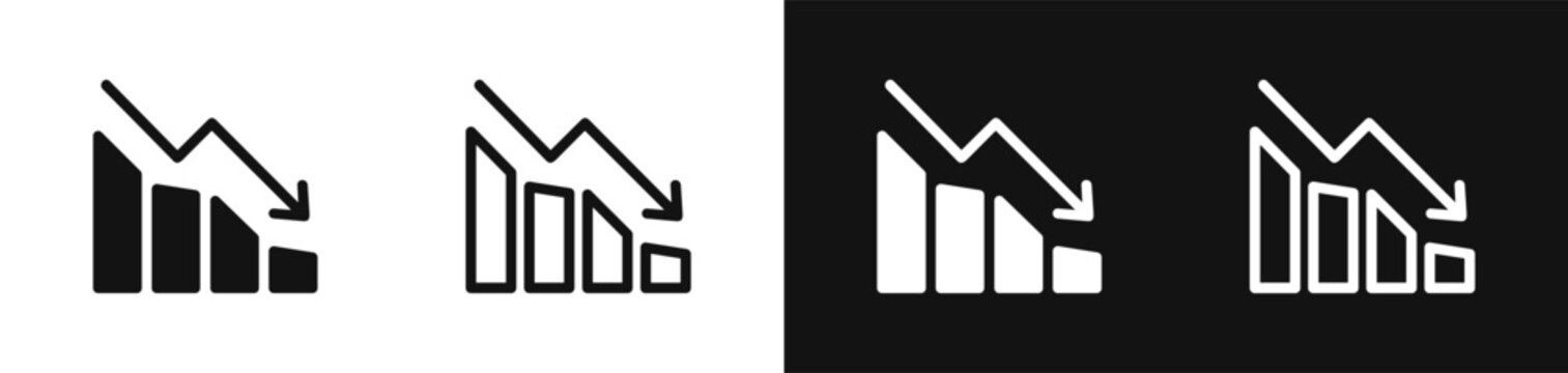 Set of downward trend chart icons with decreasing bar graphs and declining arrows