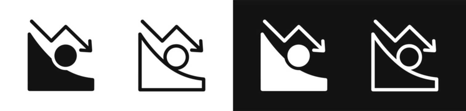 Set of downward trend rolling ball icons on declining slope with arrow