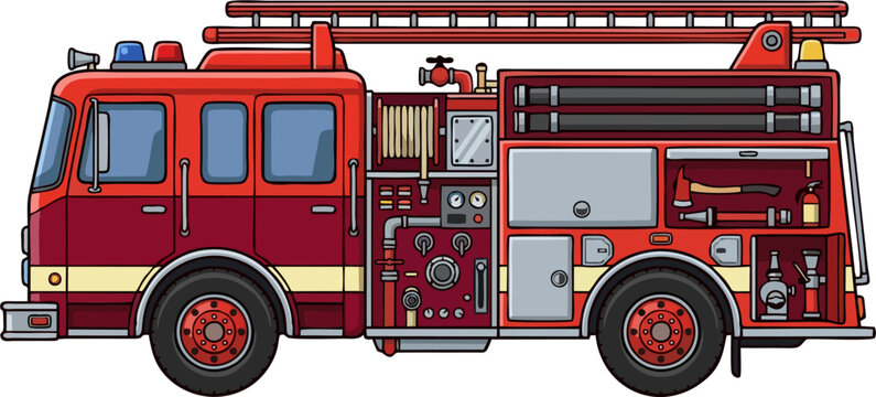 Fire Truck Emergency Vehicle Vector Illustration with Firefighting Equipment and Ladder