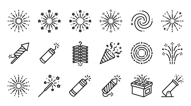 Set of vector outline icons featuring sunburst explosions, pencils, rockets, spirals, and other creative tools for design, education, and branding