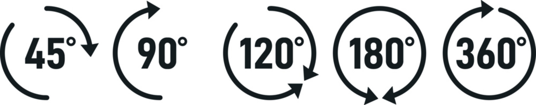 Set of rotation angle icons, 45, 90, 120, 180 and 360 degrees turn symbols