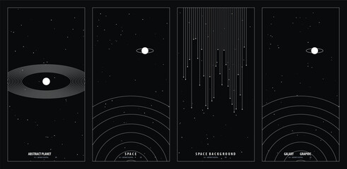 Minimalist space themed poster design featuring celestial patterns and geometric planetary rings in a set of four vertical creative illustrations © Akbar