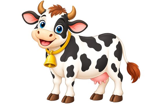 A cute happy cartoon cow with black and white spots wearing a golden bell around its neck standing and smiling in a friendly farm style illustration for children and book designs