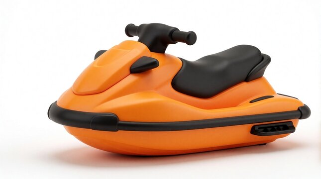 Bright orange toy jet ski rests on white background. Miniature watercraft features black and handlebars, smooth glossy finish. Perfect for summer fun, beach, pool or ocean play.