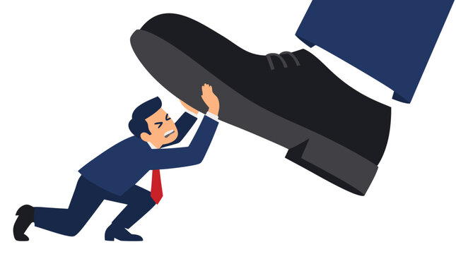 Determined businessman kneeling on ground pushing back against giant heavy shoe sole crushing down, overcoming career oppression and hardship concept, flat vector illustration on white