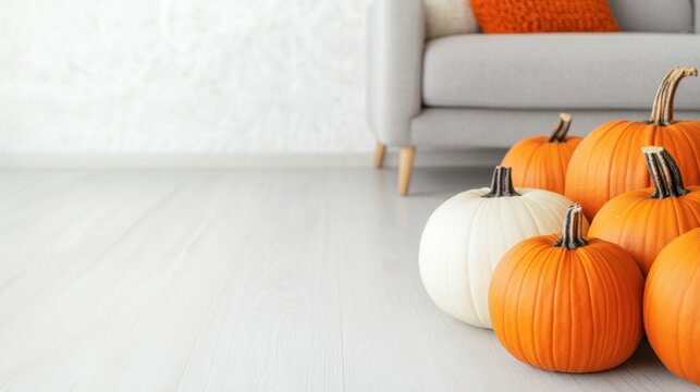 Cozy Autumn Home Decor Concept with Orange Pumpkins in Minimalist Living Room Interior