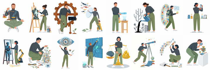 Obraz premium Conceptual Illustration Set of People Engaged in Various Professional, Creative, and Scientific Activities Representing Growth, Vision, and Analytical Thinking.