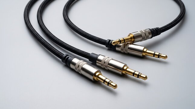 A close-up view of a black audio cable with gold and silver connectors