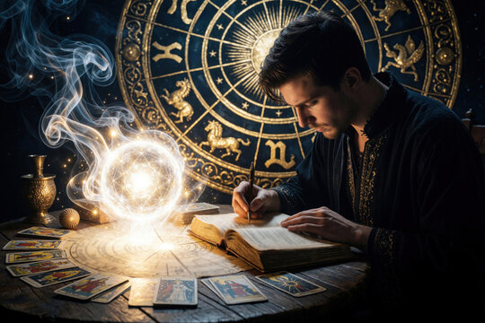 Astrologer writes in old book with tarot cards and crystal ball on table. Man consults zodiac wheel for future prediction. Mystic ritual uses esoteric objects for divination.