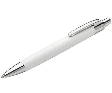 One sleek modern white plastic ballpoint pen with metallic silver clip and tip lying flat isolated on a transparent background