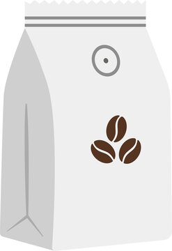 White coffee bag packaging mockup with coffee bean icons and degassing valve for coffee roasting brand identity vector illustration