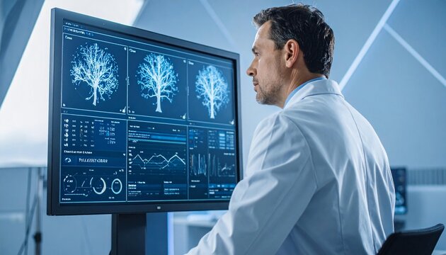 Doctor analyzing brain scan data on computer screen