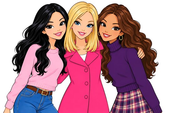 Three happy young women friends standing together smiling and hugging each other in a colorful fashion illustration showing diversity and friendship in a fun and casual cartoon style