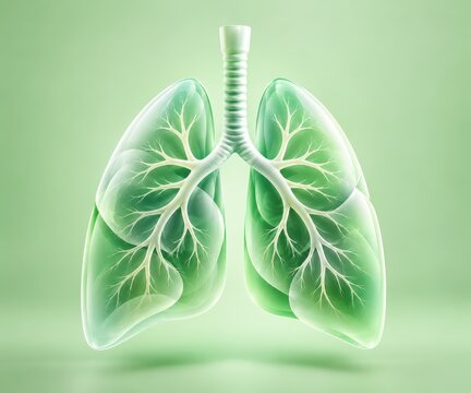 Lungs Health and Greenery: A stylized illustration of healthy human lungs, depicted as translucent green organs intertwined with leafy branches.