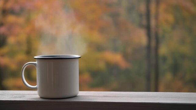 Steam rising from enamel camping mug on porch rail