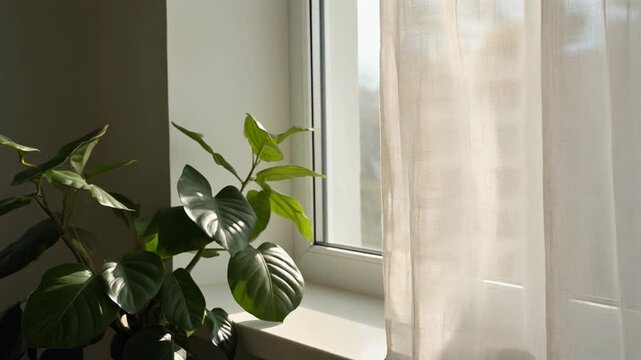 Linen curtain billowing beside houseplant on windowsill
