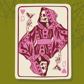 Skeleton Queen Playing Card with Martini, Gothic Halloween Hand Drawn Illustration