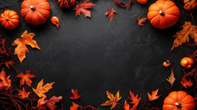 Autumn Fall Season Frame Banner with Orange Pumpkins and Dry Leaves on Dark Concrete for Copy Space