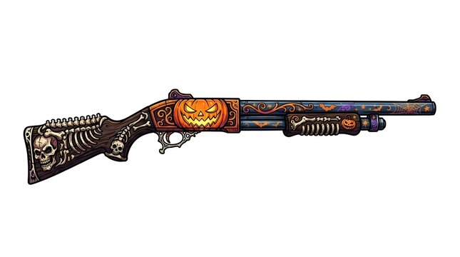 Spooky pump-action shotgun illustration featuring carved jack-o-lanterns, skulls, and bone decorations on the stock. Ideal for Halloween fantasy art.