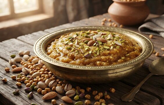 Delicious traditional Indian sweet sattu halwa roasted gram flour pudding garnished with chopped almonds and pistachios arranged in a brass bowl on a rustic wooden table.
