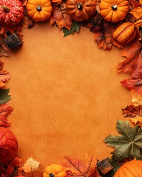 Autumn Fall Season Border Background with Orange Pumpkins and Dry Leaves with Copy Space