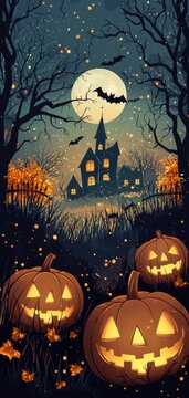 Haunted Halloween landscape with glowing pumpkins, mysterious house, flying bats and moonlit autumn night