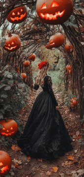 Gothic Woman with Red Flower Crown in Dark Woods Decorated with Carved Jack O Lanterns