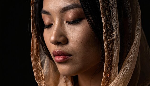Young woman with closed eyes wearing a sheer veil with gold trim