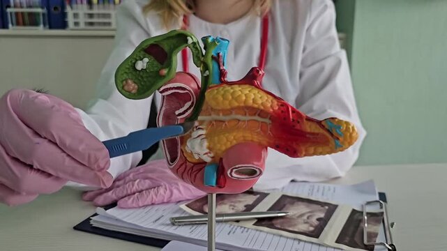 Pancreatitis, pancreatic cancer, doctor, scalpel, and surgery involving the pancreas, gallbladder, and bile duct; human anatomy model in a hospital.