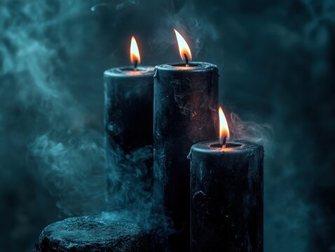 Mysterious Gothic Black Candles Dripping Wax with Fire Flame and Mystical Haze Fog
