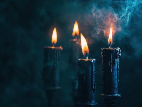Burning Black Candles with Glowing Flames and Blue Smoke in Dark Spooky Atmosphere