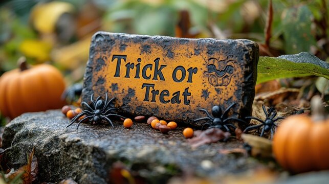 Trick or Treat Stone Sign Plaque with Black Spiders and Orange Pumpkins in Autumn Garden