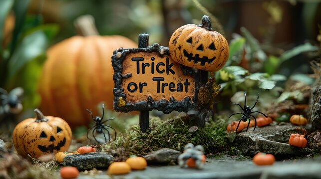 Festive Halloween Trick or Treat Decor with Spiders and Small Pumpkins on Rock Surface Outdoor