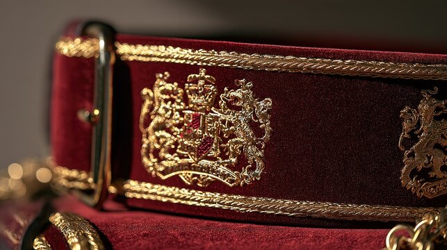 Deep red caparison with gold heraldry, soft light, neutral blurred background for design