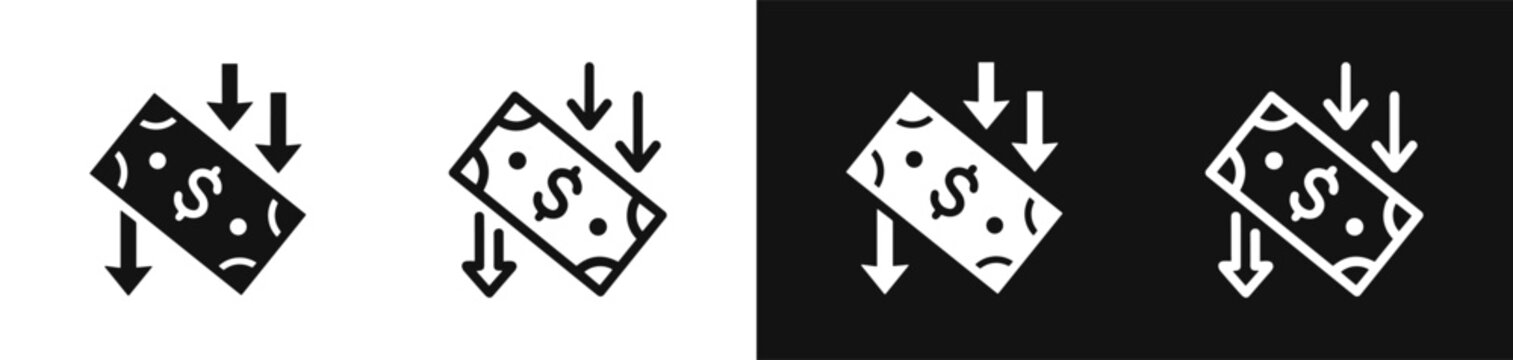 Dollar bill with downward arrows icon set
