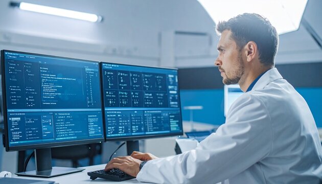 Scientist in lab coat analyzing data on dual computer screens