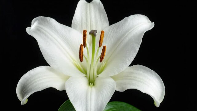 Time lapse of opening white lily flower in dark background