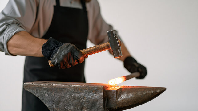 Blacksmith in a stark white photography studio in full apron and gloves, hammer mid-strike above a glowing steel rod on portable anvil, solitary dramatic portrait, forge artisan,
