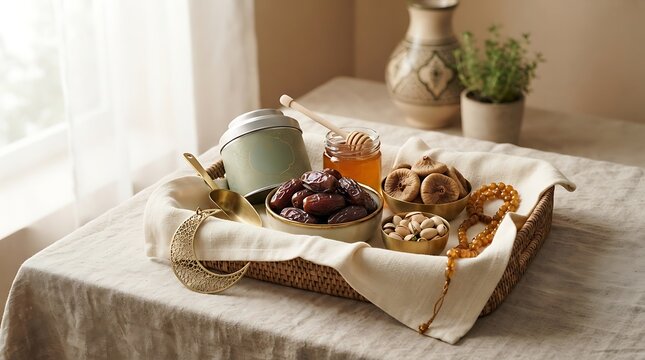 Ramadan tray with dates, figs, honey, and prayer beads