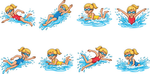 Fototapeta premium Cute Cartoon Girl Swimmer Character Pose Set Featuring Different Swimming Strokes and Water Splashes Vector Illustration for Kids Sports Club Logos